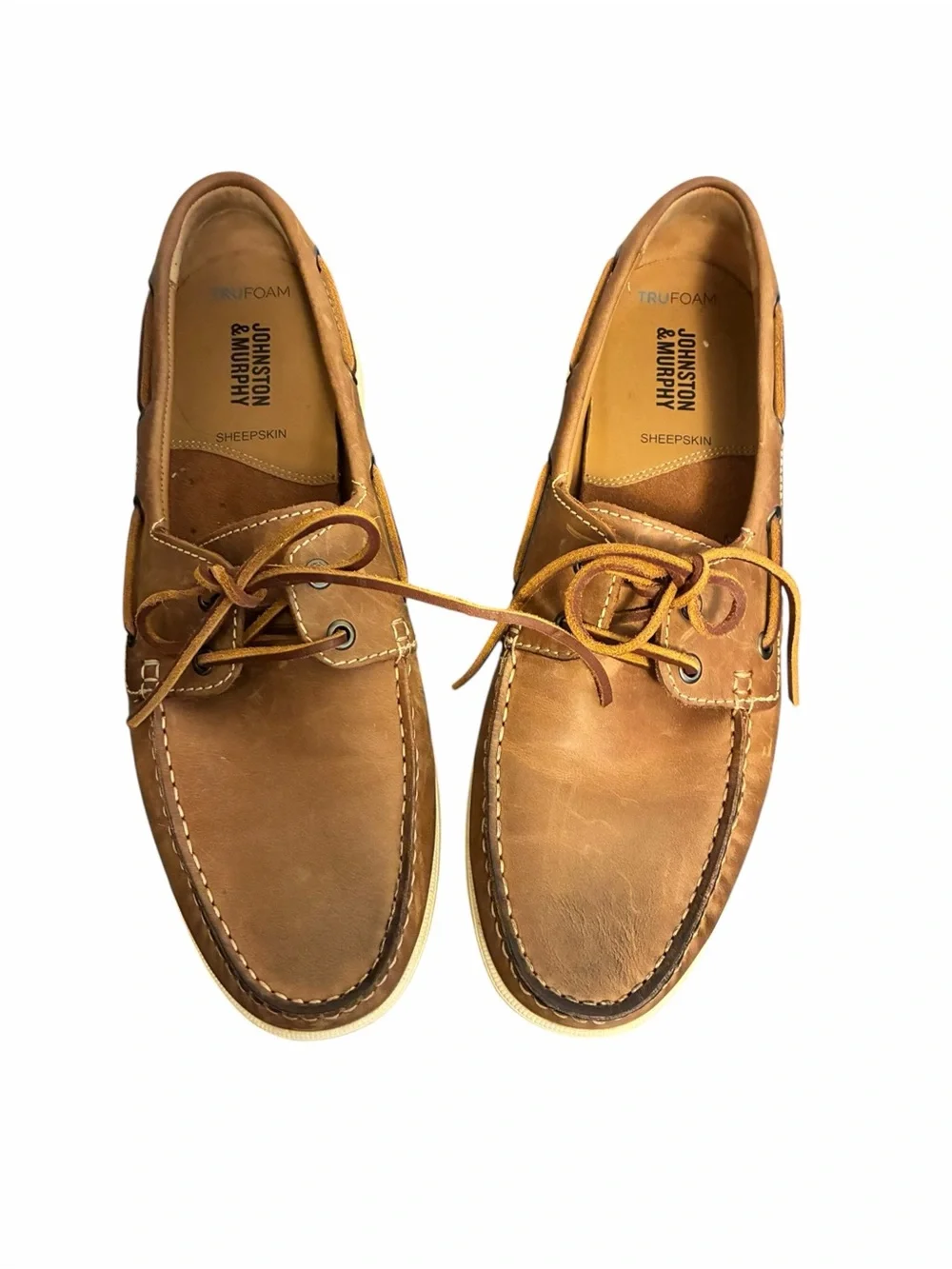 Johnston & Murphy TRUFOAM Sheepskin Leather Boat Shoes Tan Brown Mens 10